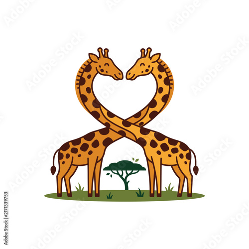 Canvas Print Cartoon giraffes forming heart symbol with love.