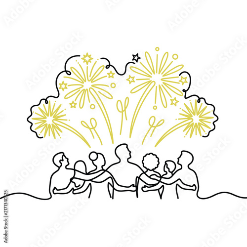 Children playing together with blooming flower doodle illustration.