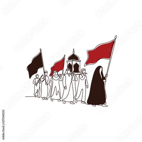 Stylized protest march with red and black flags symbolizing resistance and unity.
