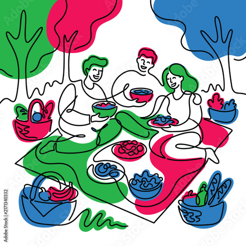 Colorful cartoon scene with people sharing bowls of fruit.