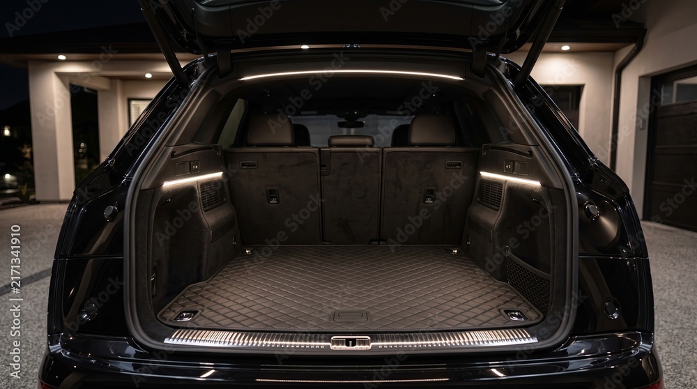 Obraz premium Open SUV cargo area with quilted liner and ambient lighting in garage at night