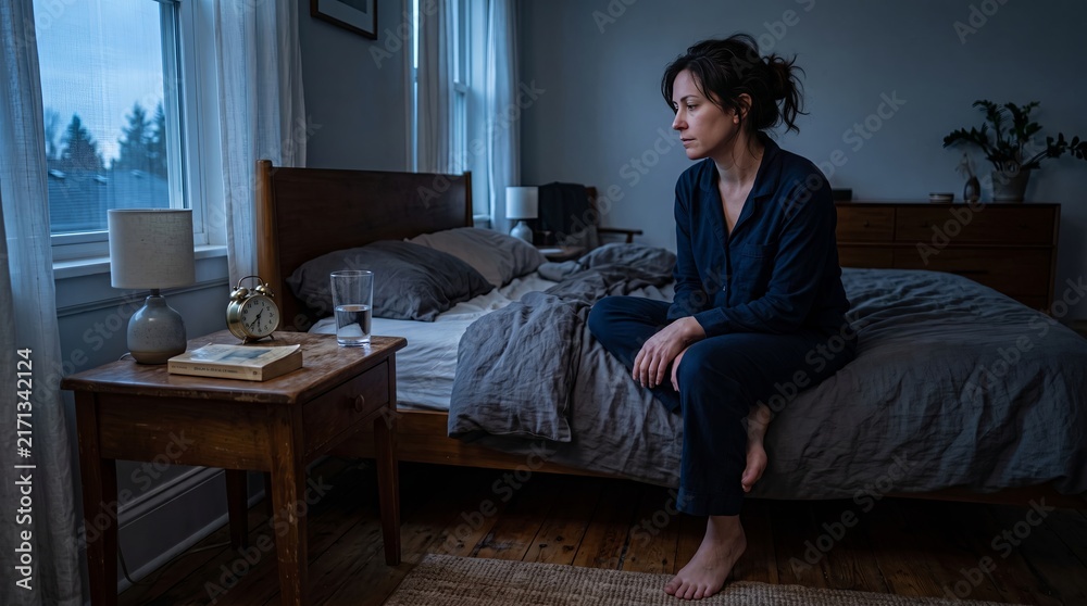 Fototapeta premium Woman sitting on bed at dawn looking thoughtful beside bedside table with alarm clock