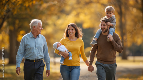 Happy Multi-Generational Family Walking in Autumn Park Together