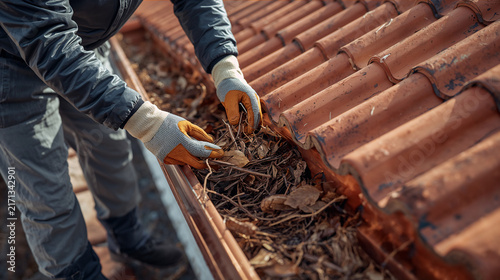 Close up of Person Cleaning Clogged Gutter from Dry Leaves and Debris - Roof Maintenance Concept