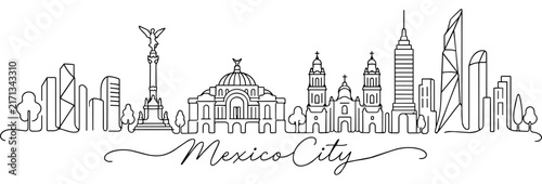 Mexico City Mexico Skyline Continuous One Line Drawing with Famous Landmarks