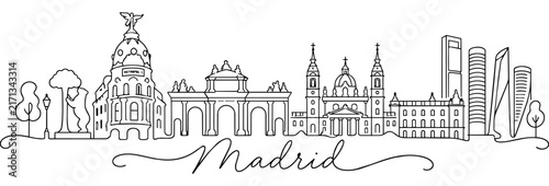 Madrid Spain Skyline Continuous One Line Drawing with Famous Landmarks