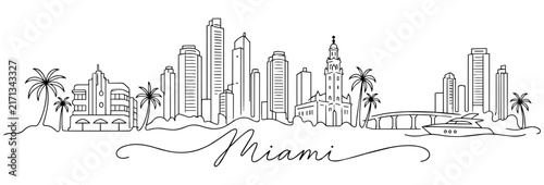 Miami Florida Skyline Continuous One Line Drawing with Famous Landmarks