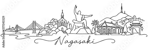 Nagasaki Japan Skyline Continuous One Line Drawing with Famous Landmarks