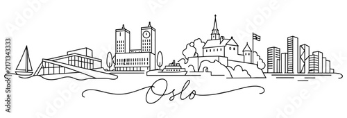 Oslo Norway Skyline Continuous One Line Drawing with Famous Landmarks