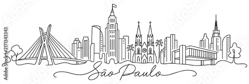 Sao Paulo Brazil Skyline Continuous One Line Drawing with Famous Landmarks