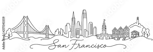 San Francisco California Skyline Continuous One Line Drawing with Famous Landmarks
