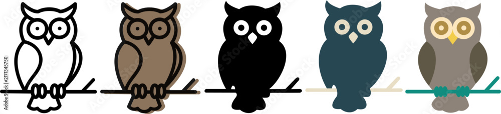 Fototapeta premium Set of Halloween owl on a branch flat vector icons in different color options