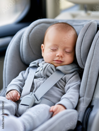 Newborn baby sleeping soundly in ergonomic gray car seat