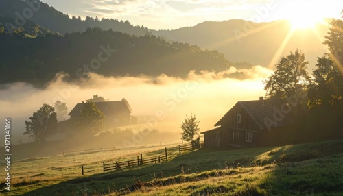 Golden Sunrise Over Misty Mountains and Rural Houses, Serene Landscape
