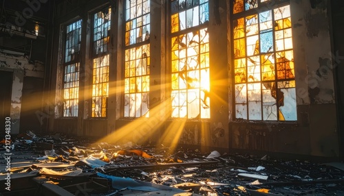 Golden Hour Sunlight Beams Through Broken Windows of Abandoned Industrial Building