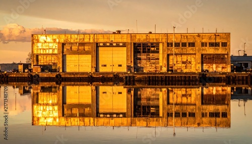 Golden Hour Reflection of an Industrial Warehouse on Calm Water at a Dock