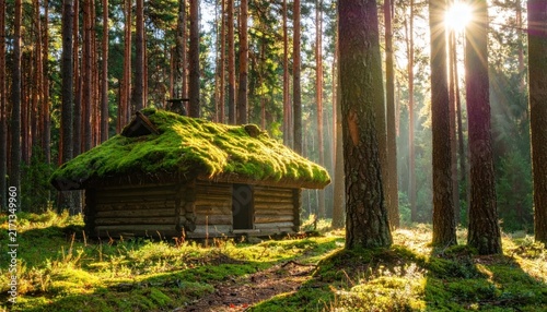 Enchanting Moss-Covered Log Cabin Nestled in Sun-Dappled Pine Forest