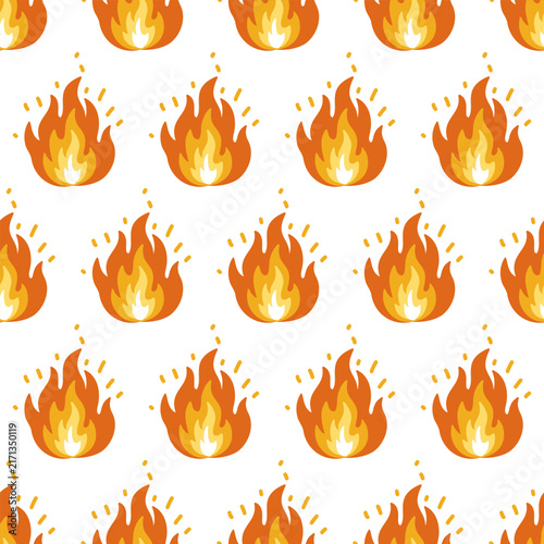 Seamless pattern with bright orange fire flames and decorative sparks on white background