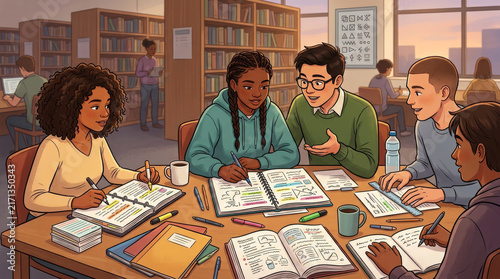 Diverse group of students collaborating on a study project in a library setting