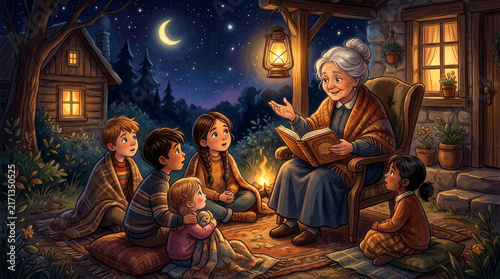 Grandmother reads a story to children under the starry night sky