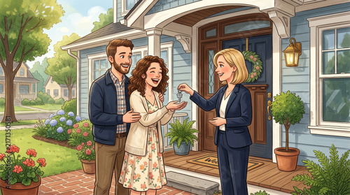 Happy couple receives house keys from real estate agent in front of new home