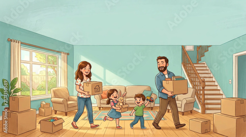 Happy family moving into a new home carrying boxes and smiling