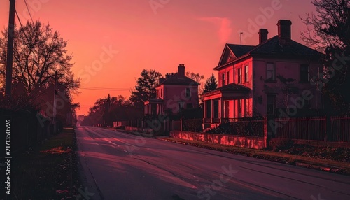 Dramatic Sunset Over Suburban Street Lined With Victorian Houses
