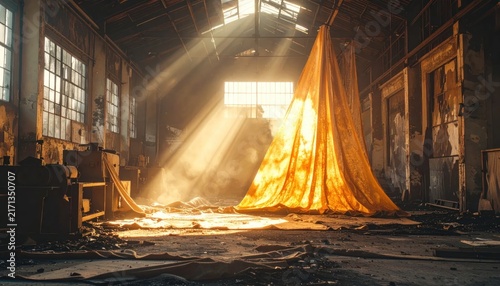 Dramatic Sunbeams Illuminate Abandoned Factory Interior with Golden Draped Fabric
