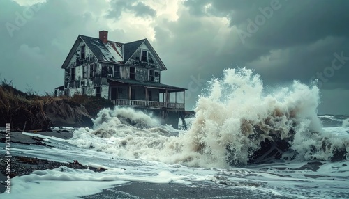 Dilapidated abandoned house battered by massive storm waves on a desolate coastline under a dark, stormy sky.