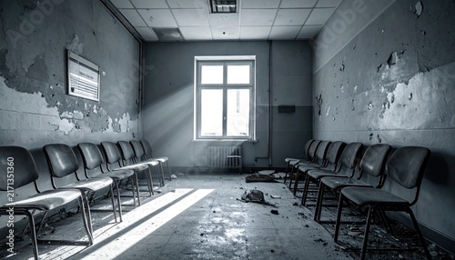 Dilapidated Waiting Room: Empty Chairs, Peeling Walls, and Sunbeams Through Window