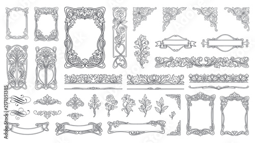 art nouveau frames and floral decorative elements for design.