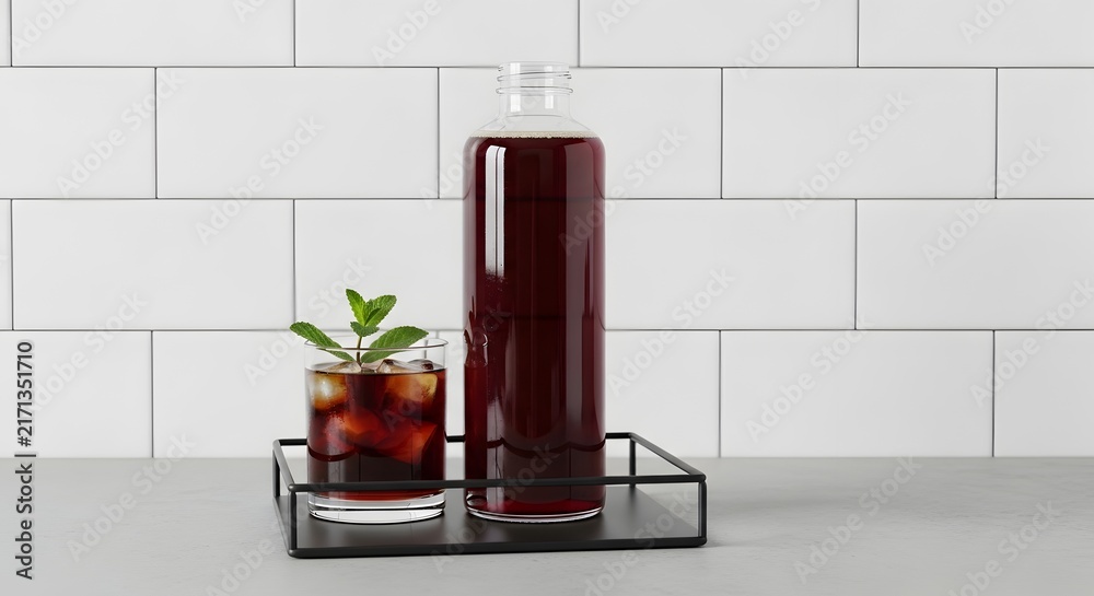 Obraz premium A refreshing glass of iced tea with mint next to a bottle on a black metal tray