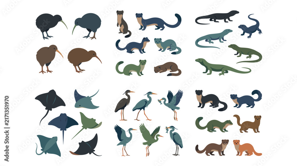 Fototapeta premium New Zealand native birds and mammals flat icons for education.
