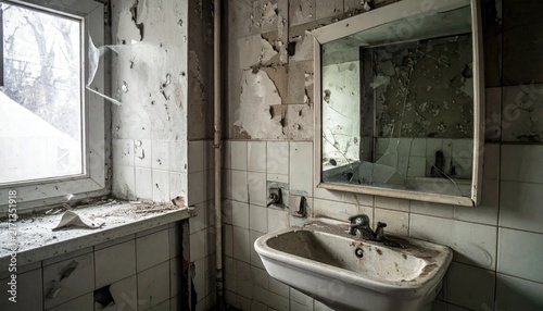 Derelict bathroom with cracked mirror, peeling paint, and dirty sink, evoking abandonment and decay