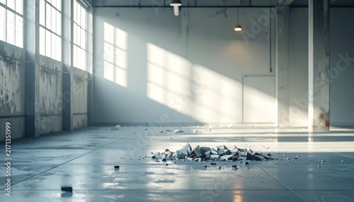 Debris Pile in Sunlit Empty Industrial Warehouse with Large Windows