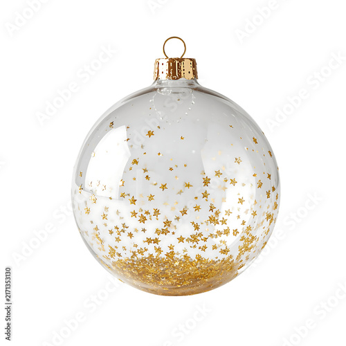 Clear glass Christmas bauble with gold star confetti isolated on white background
