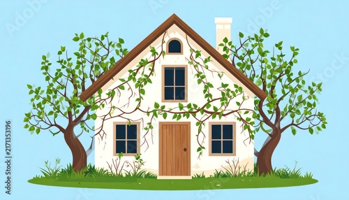 Charming house with trees and vines, representing nature and home in a serene setting.