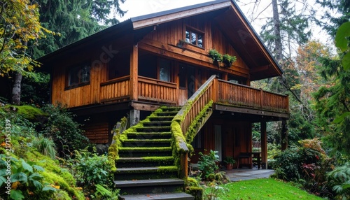 Charming Wooden Cabin Nestled in Lush Forest with Moss-Covered Stairs