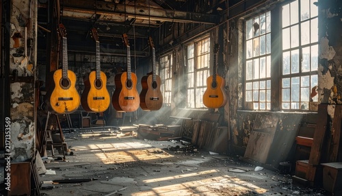 Acoustic guitars hanging in an abandoned, sunlit workshop with broken windows, evoking a sense of forgotten music and decay.