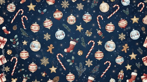 Christmas Pattern with Festive Ornaments: A vibrant blue backdrop adorned with a whimsical assortment of Christmas elements, including candy canes, stockings, snowflakes.