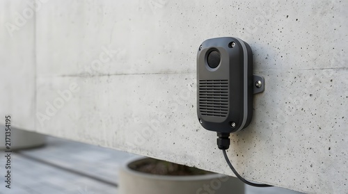 Compact urban heat monitoring sensor mounted on a concrete wall for smart city infrastructure.