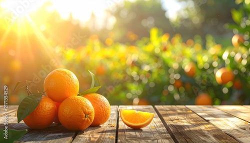 Fresh oranges on a rustic wooden table in a sunny citrus orchard.