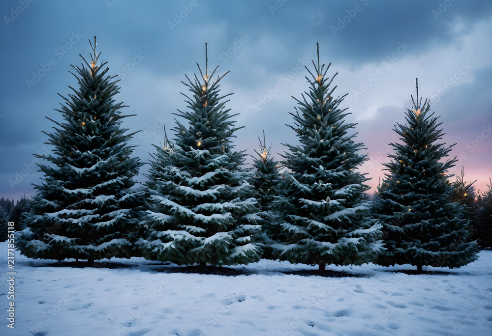 Fototapeta premium Winter wonderland and christmas holiday season, snow-covered fir trees with warm lights at dusk, festive outdoor scene