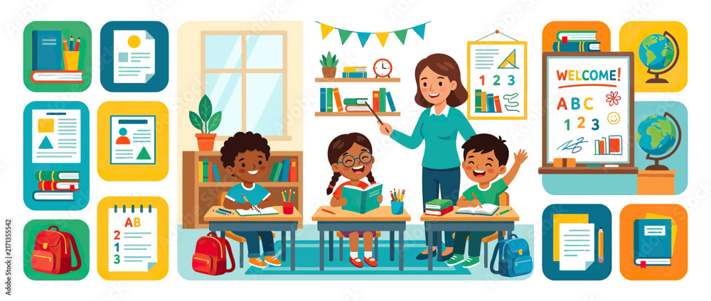 Fototapeta premium Diverse children learning in a classroom with teacher