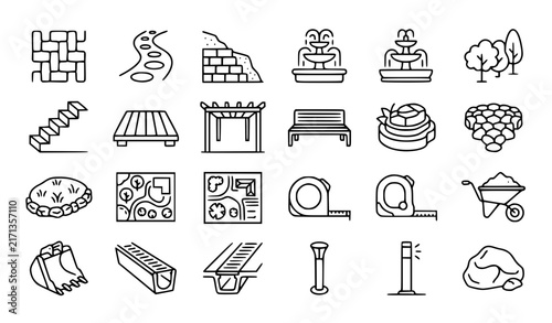 Landscape Construction and Outdoor Garden Design Editable Stroke Vector Line Icons