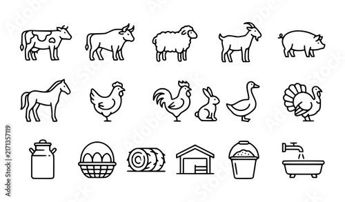 Farm Animals and Livestock Agriculture Editable Stroke Linear Vector Icon Set