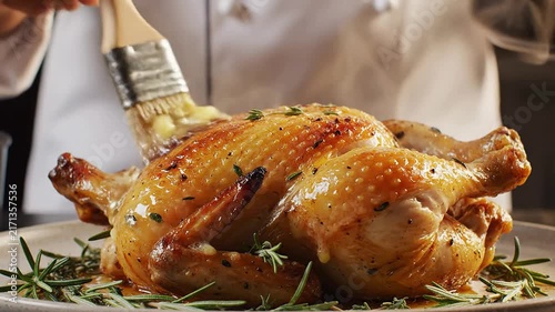 Close Up of Chef Brushing Butter Glaze Over Roasted Chicken with Fresh Herbs on Plate Ready for Gourmet Presentation