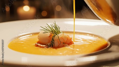 Elegant Close-Up Of Lobster Bisque Being Poured Around Gourmet Garnishes In A Luxurious Dining Setting