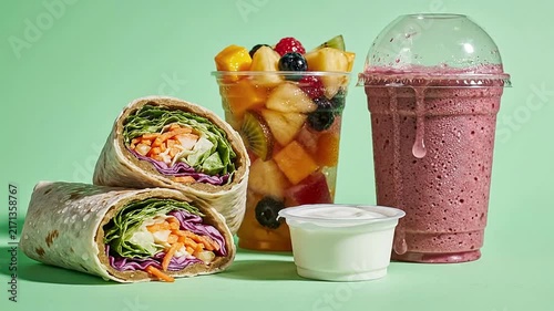 Summer Picnic Inspired Fast Food Layout Featuring Fresh Wraps, Fruit Salad, And Smoothies On Pastel Green Background