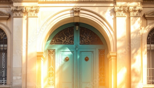 Grand arched entrance with a classic turquoise wooden door of a historic building.